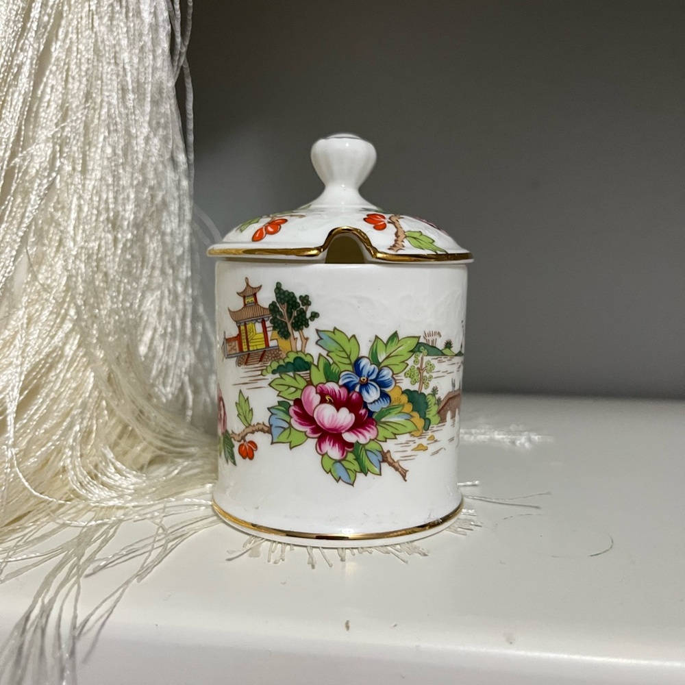 Vintage Crown Staffordshire Fine Bone China Pagoda Condiment Jam Jar + Lid